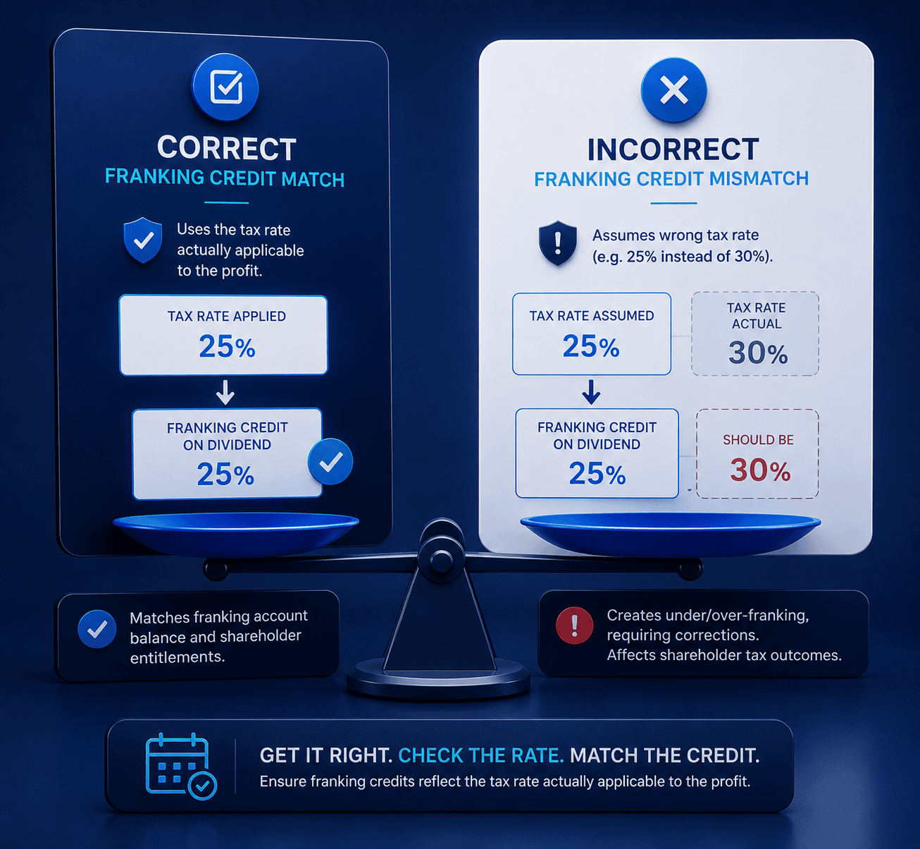 Franking credits need to match the rate actually applicable.